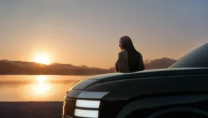 Hyundai Palisade 2026 negro junto a un lago al atardecer, con una mujer sentada sobre el capó