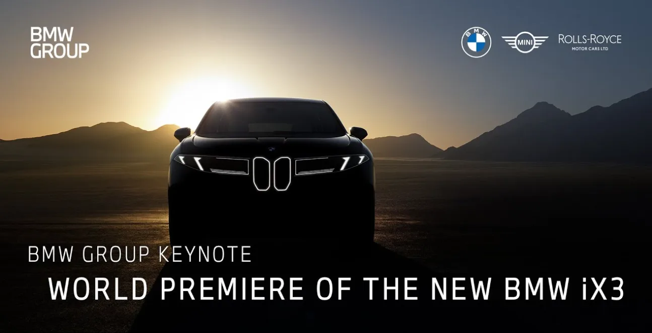 Silueta del nuevo BMW iX3 a contraluz entre montañas, en la portada de la transmisión del BMW Group