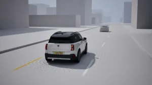 Recreación de la seguridad de MINI: Countryman blanco rodeado por la señal de sus sensores en una avenida