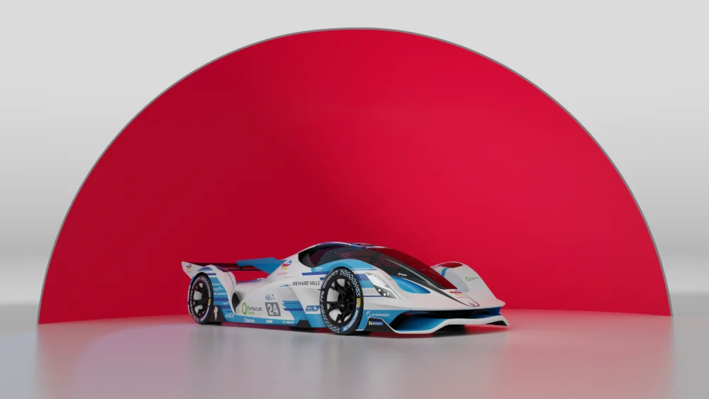 Prototipo H24EVO de MissionH24, que usará un motor de hidrógeno Toyota, ante un fondo rojo semicircular