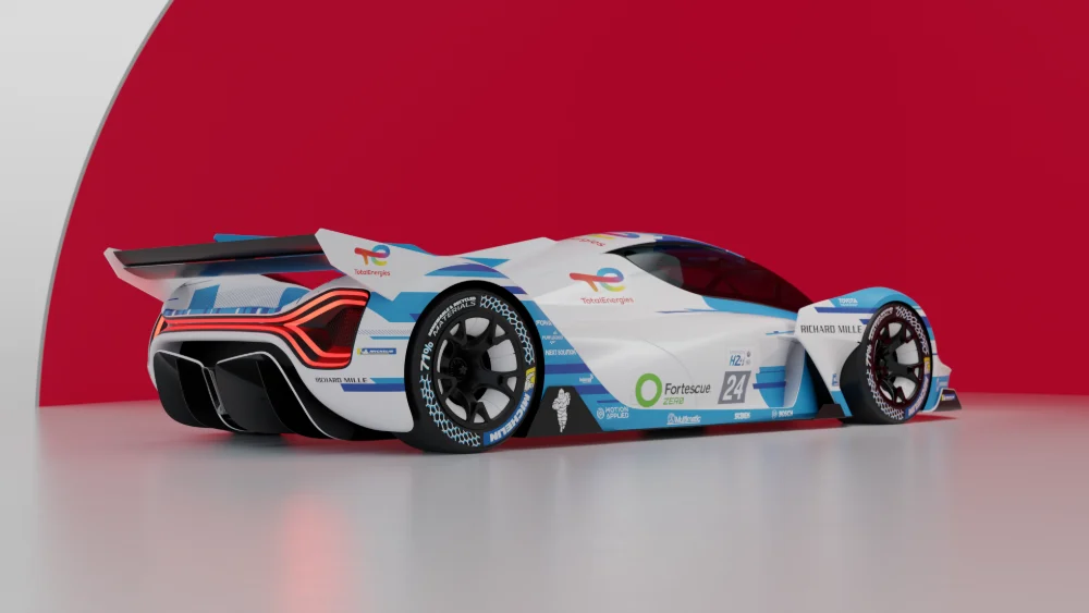 Vista trasera de tres cuartos del prototipo H24EVO con luces rojas, alerón y logotipo de Fortescue Zero