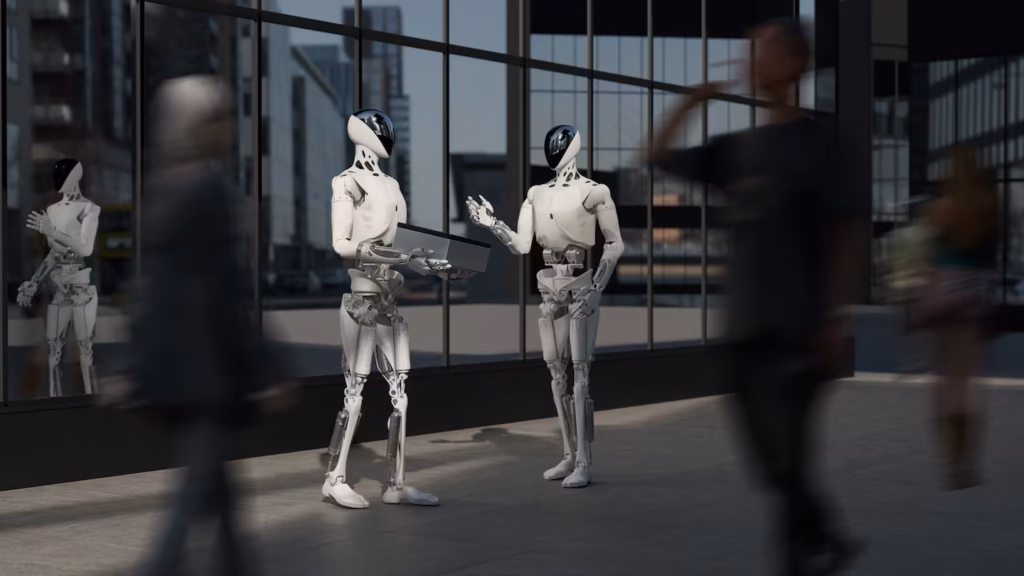 Dos robots humanoides Iron de Xpeng frente a un edificio de cristal mientras pasan peatones
