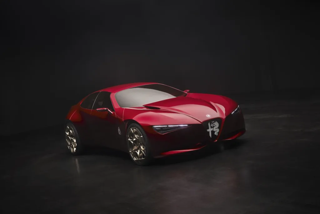 Alfa Romeo Cuorerosso en un estudio oscuro, visto de frente en tres cuartos
