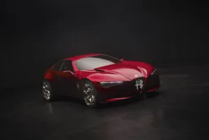 Alfa Romeo Cuorerosso en un estudio oscuro, visto de frente en tres cuartos