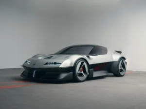 Alpine A310 Vision, concepto deportivo de aluminio con la parte baja en negro, visto de tres cuartos frontal