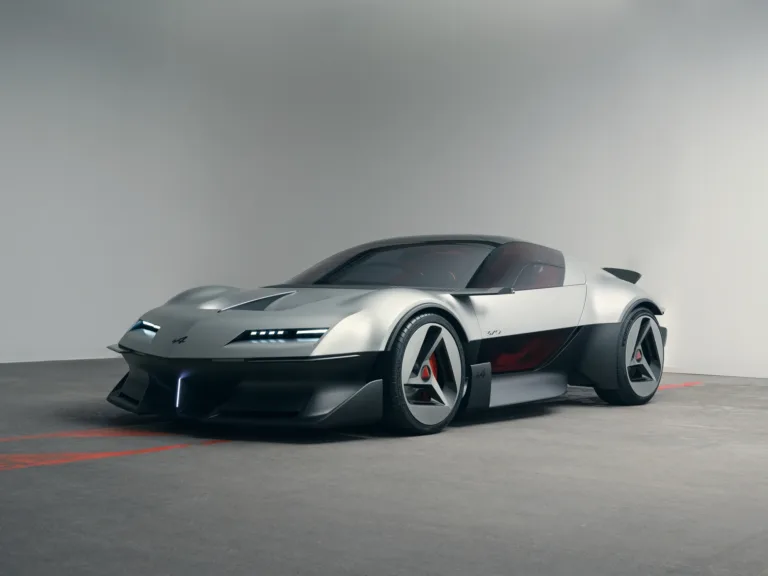 Alpine A310 Vision, concepto deportivo de aluminio con la parte baja en negro, visto de tres cuartos frontal