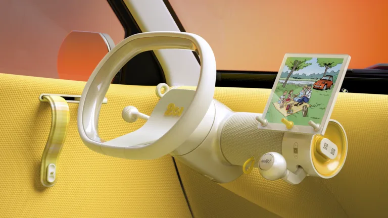 Volante de un solo radio y pantalla con gráficos de historieta del Citroën 2 CV Concept