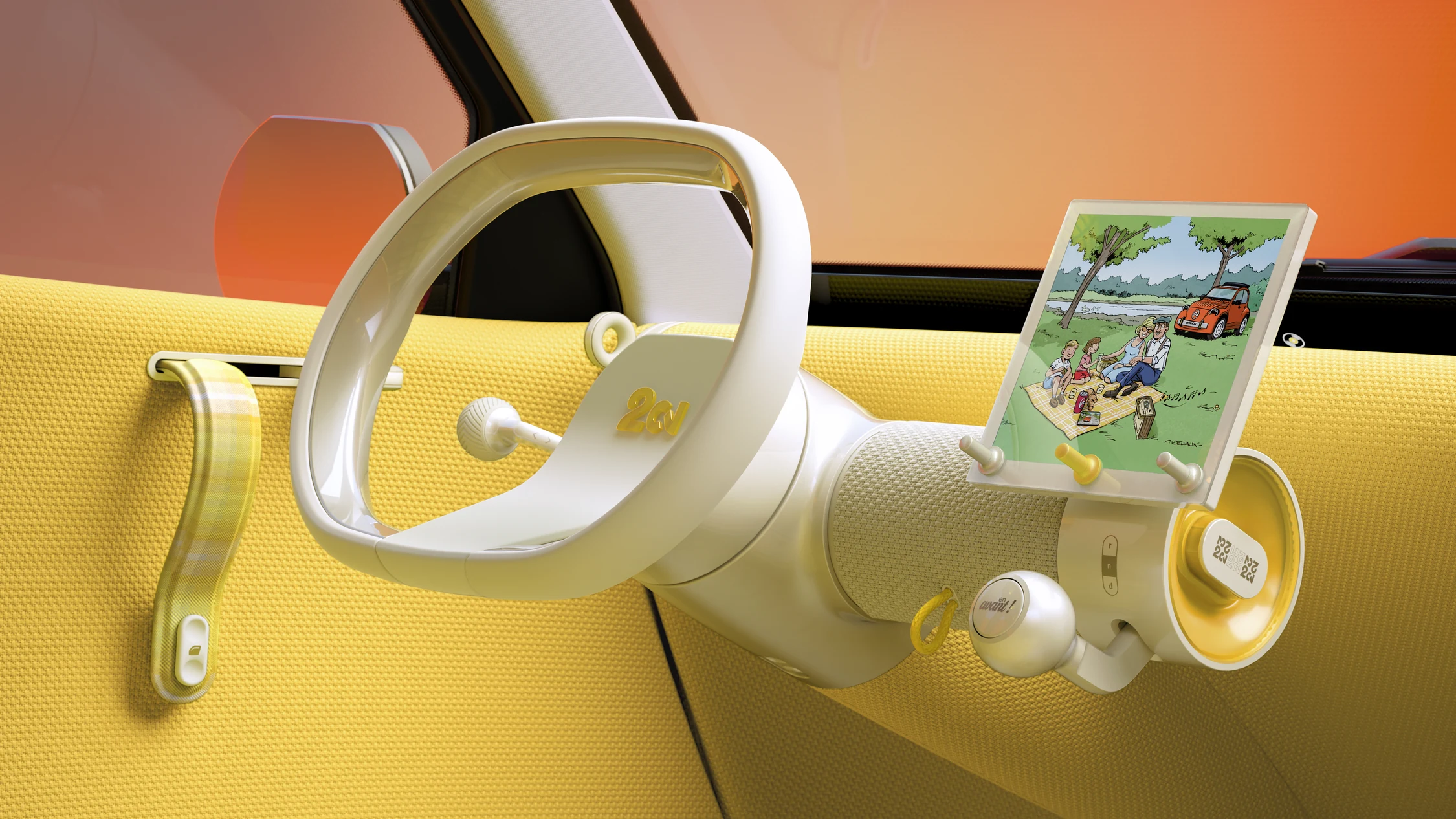 Volante de un solo radio y pantalla con gráficos de historieta del Citroën 2 CV Concept
