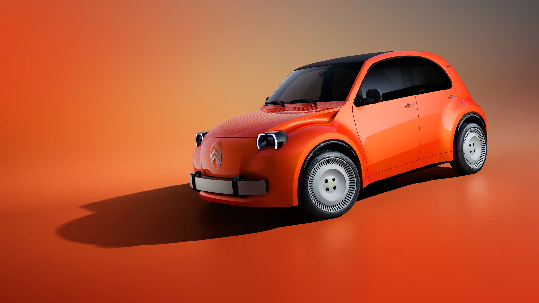 Citroën 2 CV Concept, un eléctrico compacto de color naranja, visto de tres cuartos frontal
