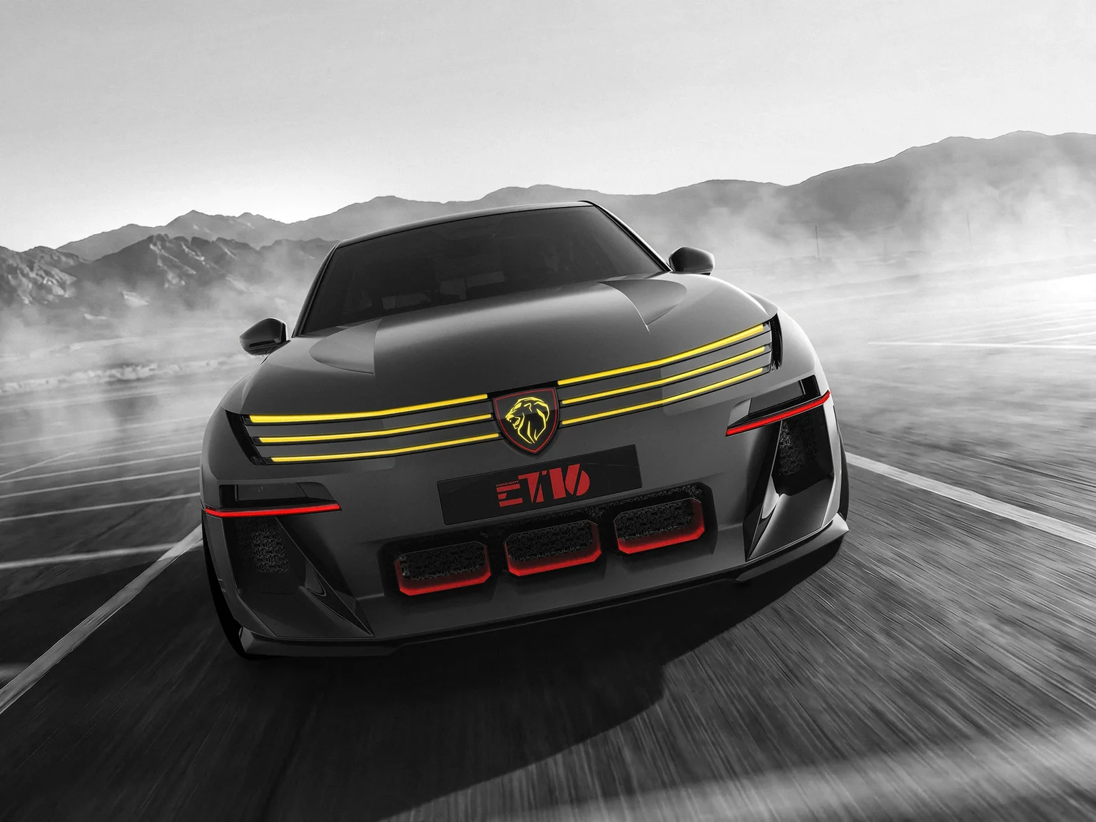 Peugeot E-T16 Concept, un hatchback eléctrico de color gris mate, visto de frente con la firma luminosa amarilla