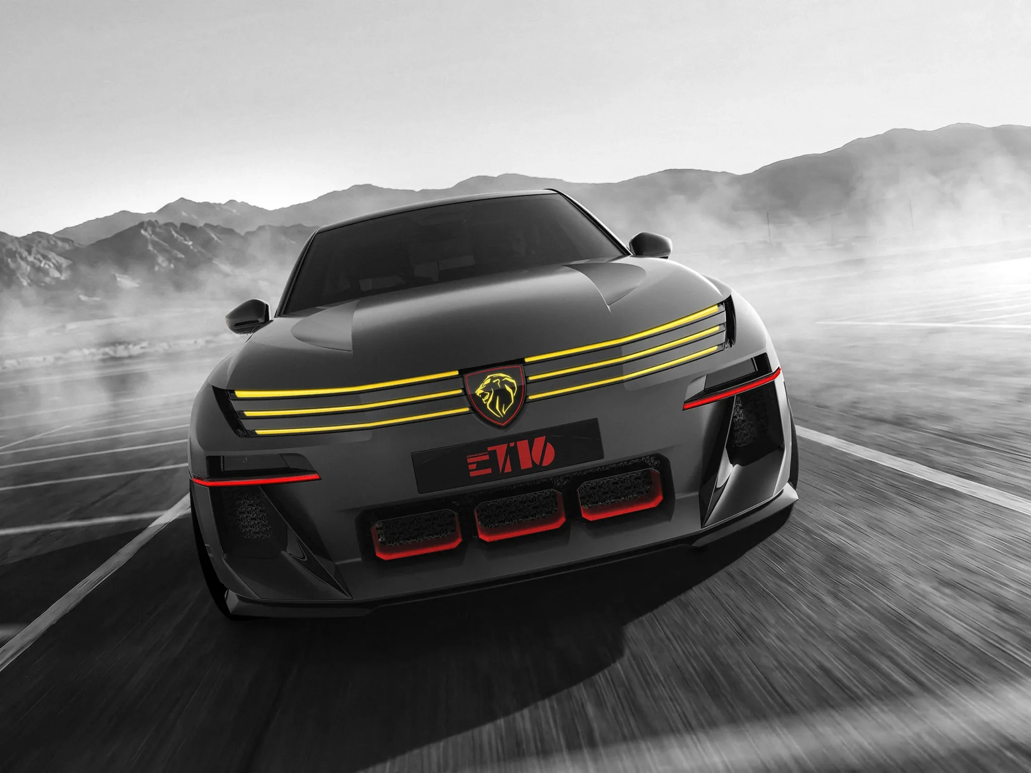 Peugeot E-T16 Concept, un hatchback eléctrico de color gris mate, visto de frente con la firma luminosa amarilla