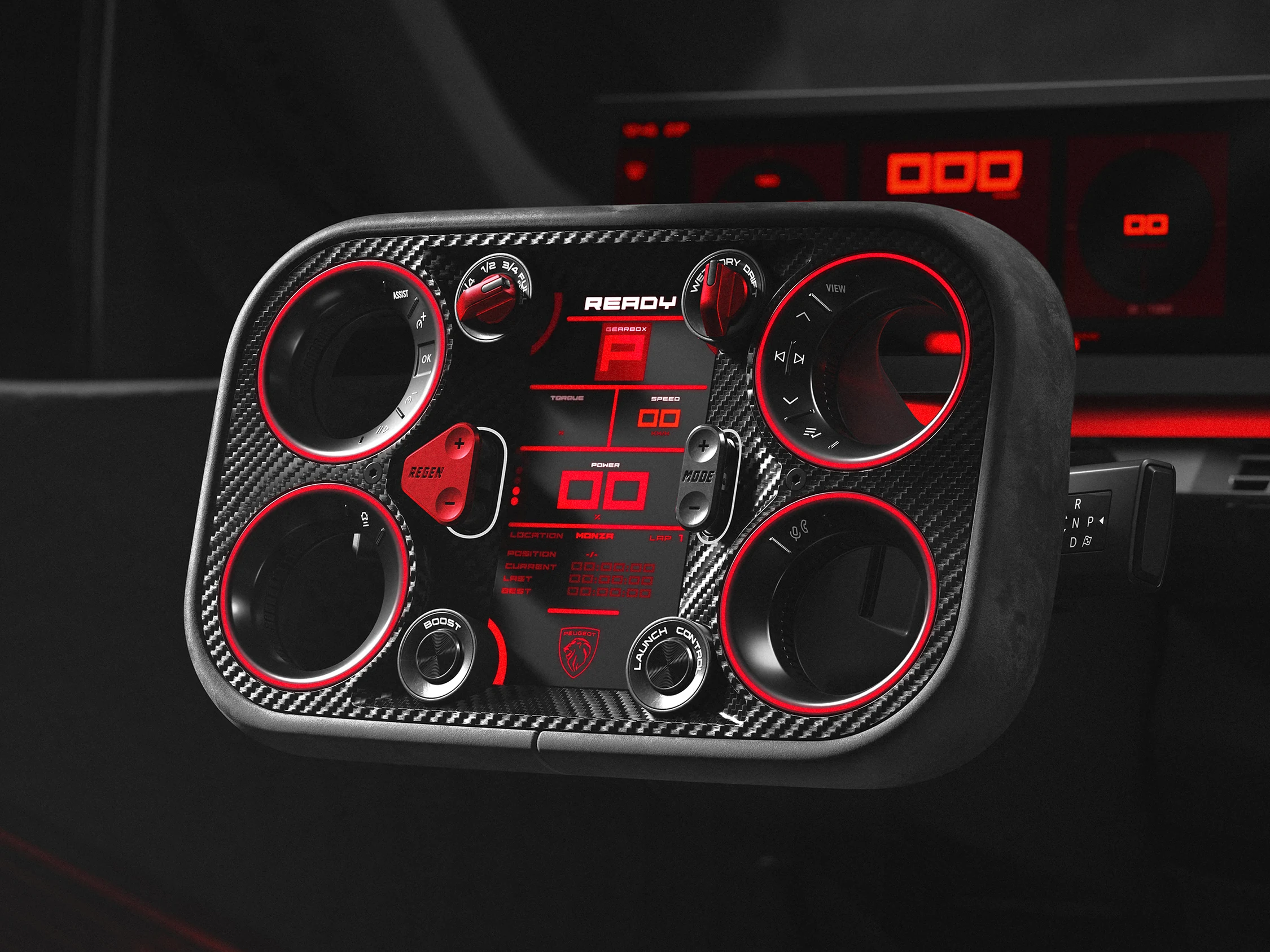 Volante Hypersquare del Peugeot E-T16 Concept, con la pantalla central y la palabra Ready