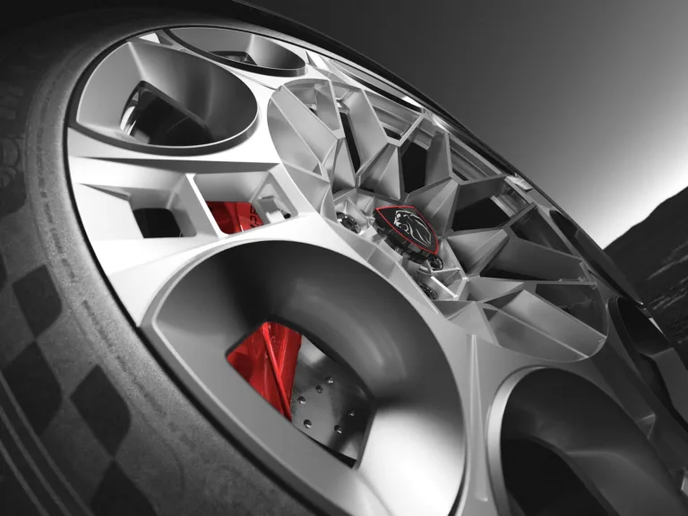 Llanta de aluminio microarenado del Peugeot E-T16 Concept, con la pinza de freno roja