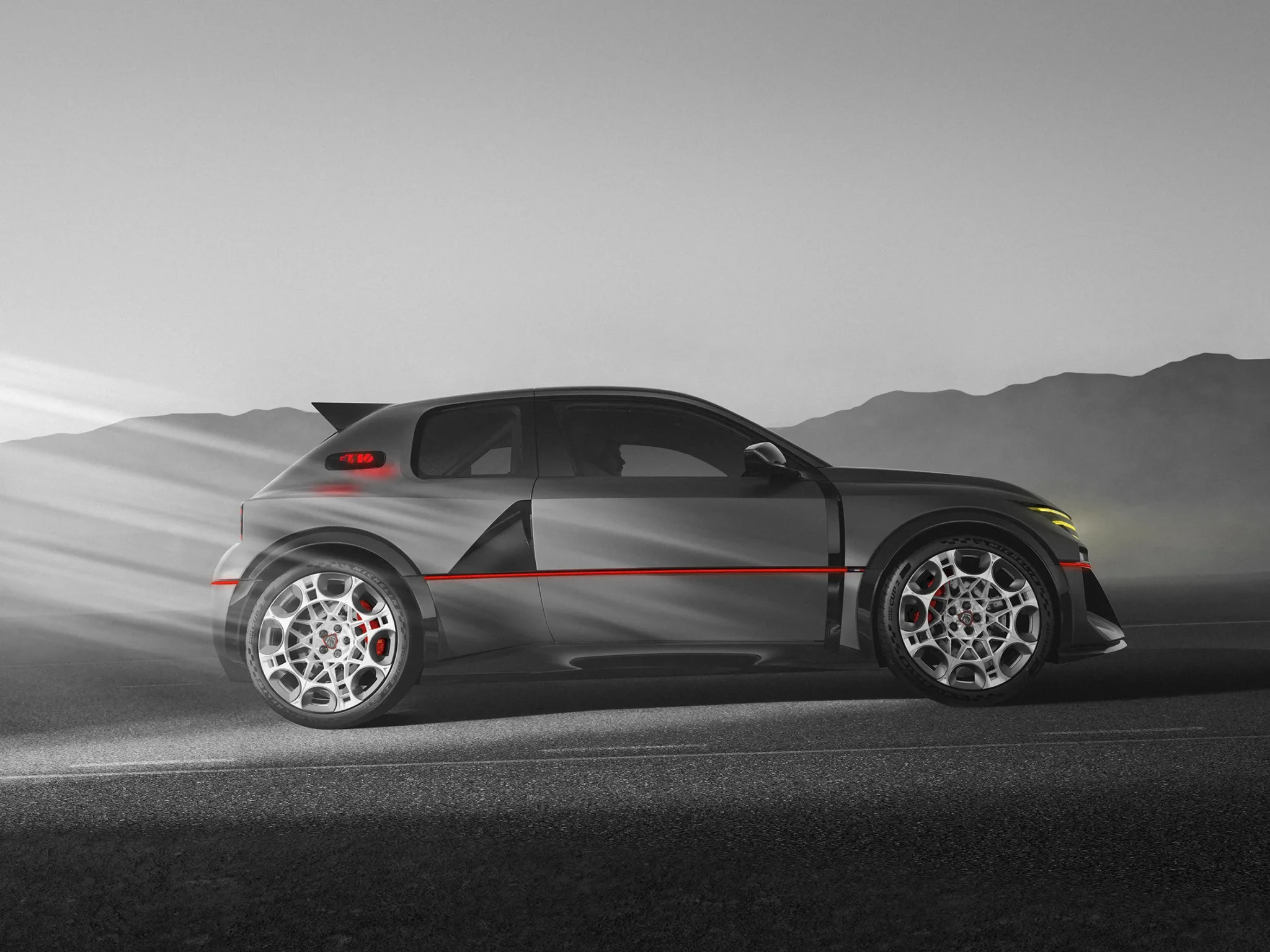 Perfil del Peugeot E-T16 Concept, con la línea roja que rodea la carrocería