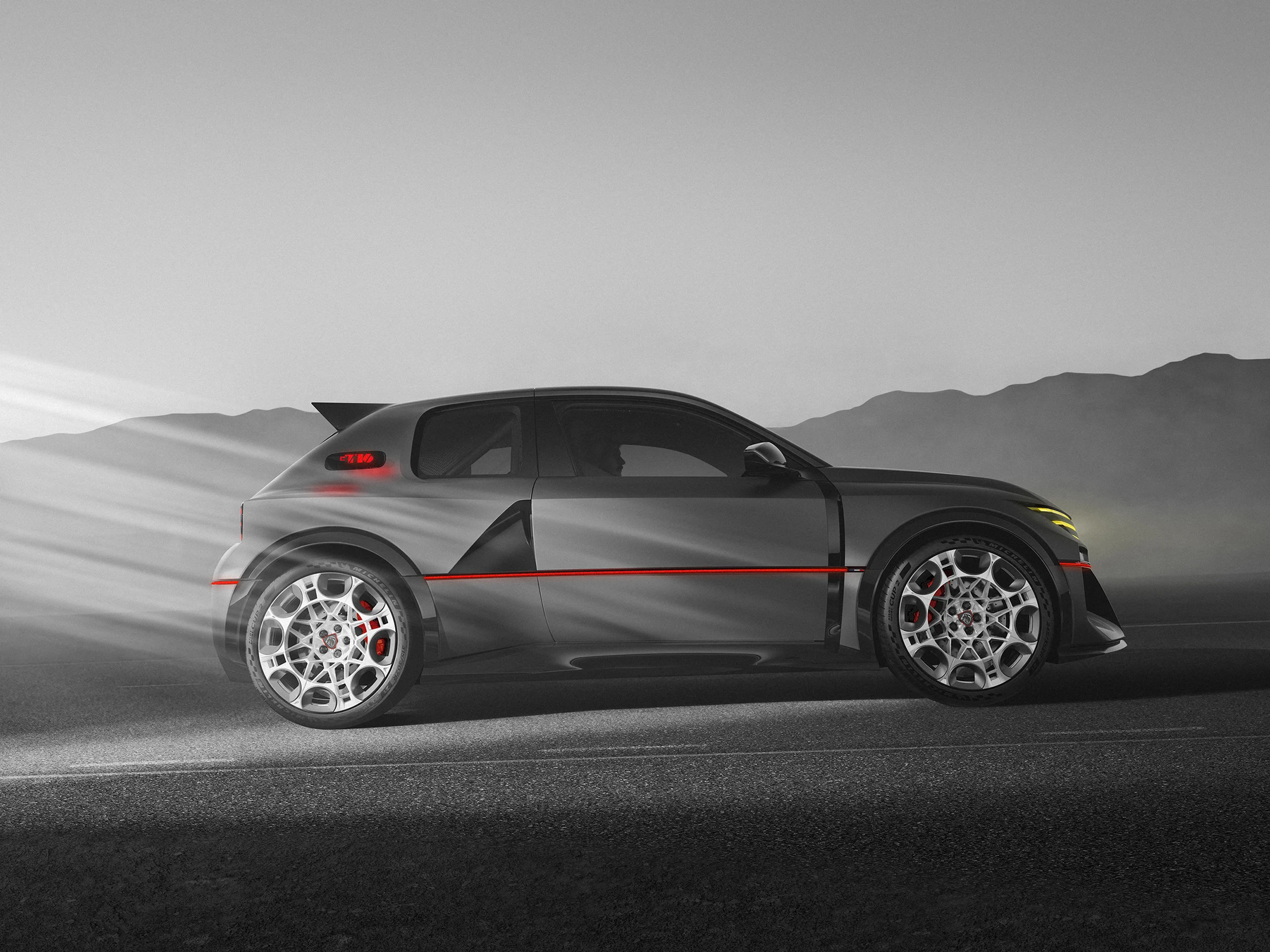 Perfil del Peugeot E-T16 Concept, con la línea roja que rodea la carrocería