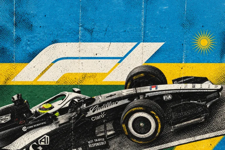 Ilustración con el logotipo de la Fórmula 1 sobre la bandera de Ruanda y un monoplaza Cadillac, para el Gran Premio de Ruanda