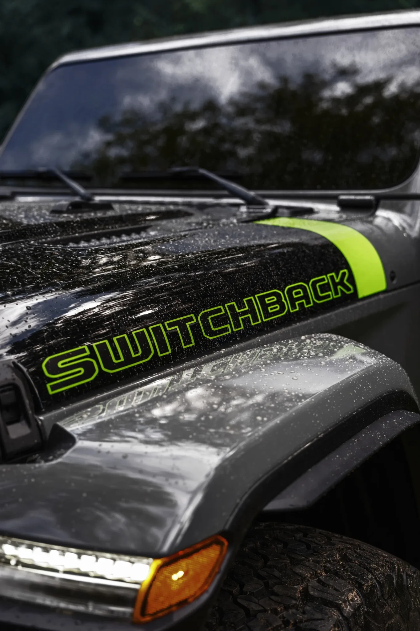 Gráfico Switchback en el capó gris de un Jeep Wrangler, con detalle verde Gecko