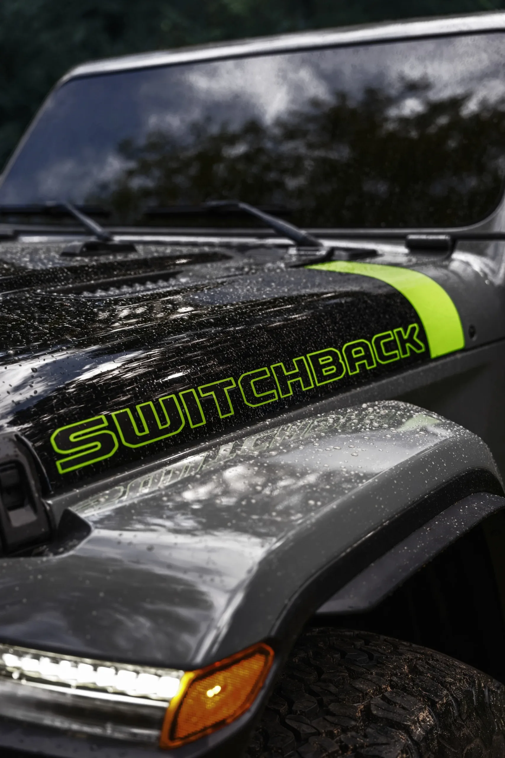 Gráfico Switchback en el capó gris de un Jeep Wrangler, con detalle verde Gecko