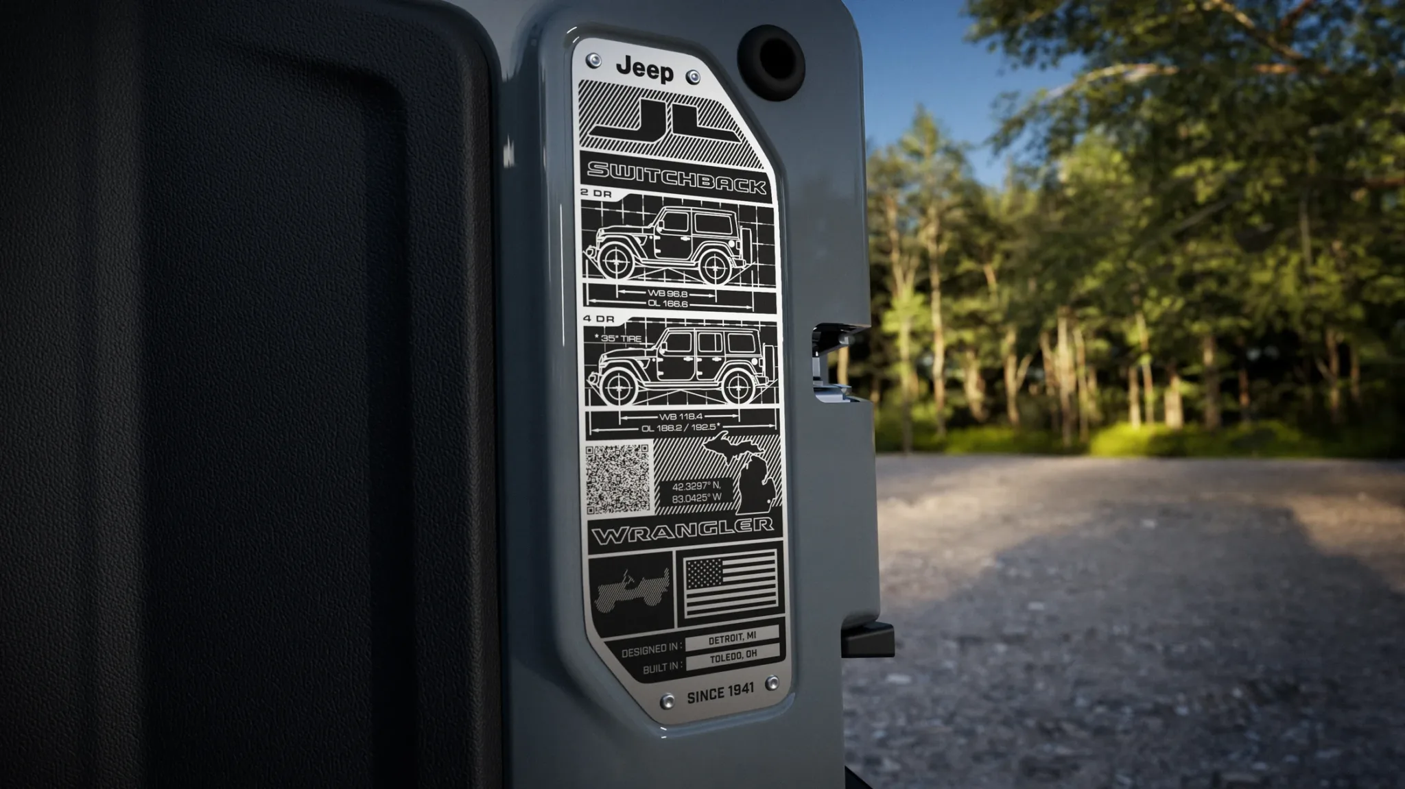 Placa del portón trasero del Jeep Wrangler Switchback con ilustraciones tipo plano técnico