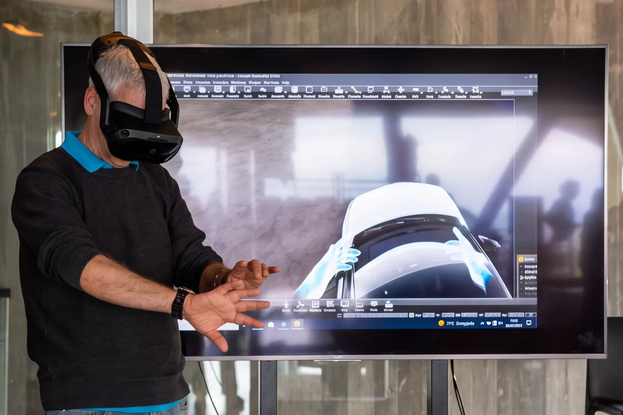 Técnico con visor de realidad virtual frente a una pantalla con el modelo digital de un auto de Lancia