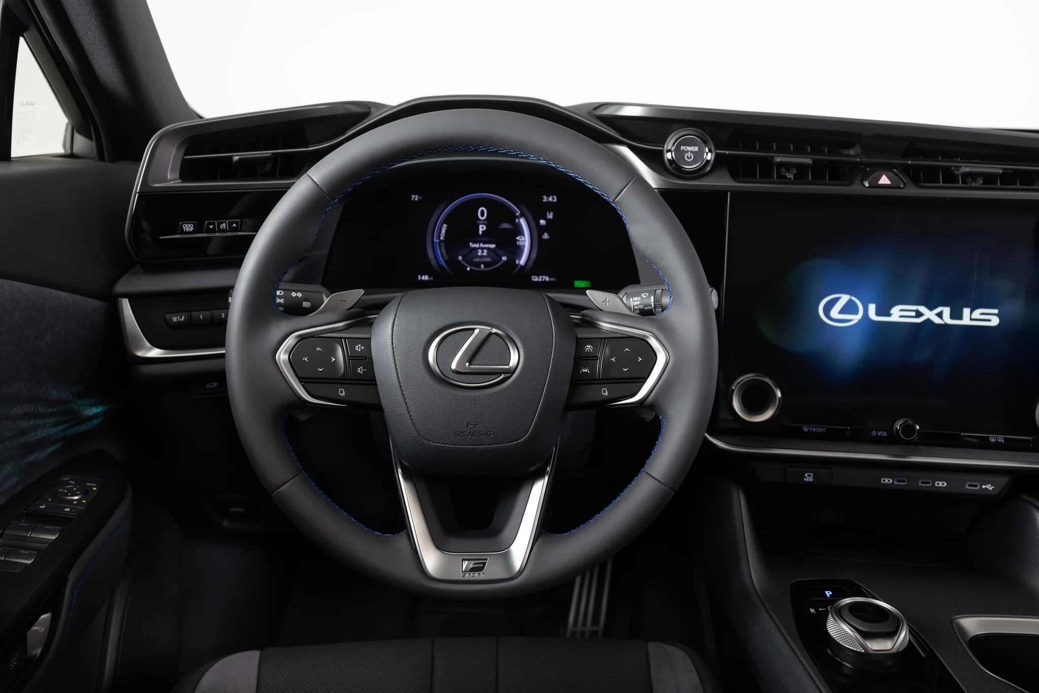 Volante, cuadro de instrumentos y pantalla de 14 pulgadas con el logo de Lexus del RZ 550e F SPORT AWD