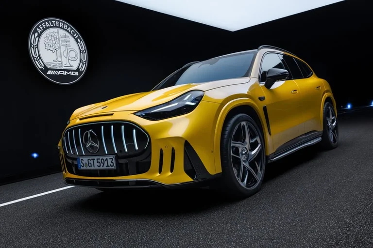 Mercedes-AMG GT SUV amarillo visto de frente y de costado en un estudio oscuro, con la parrilla vertical y el emblema de AMG