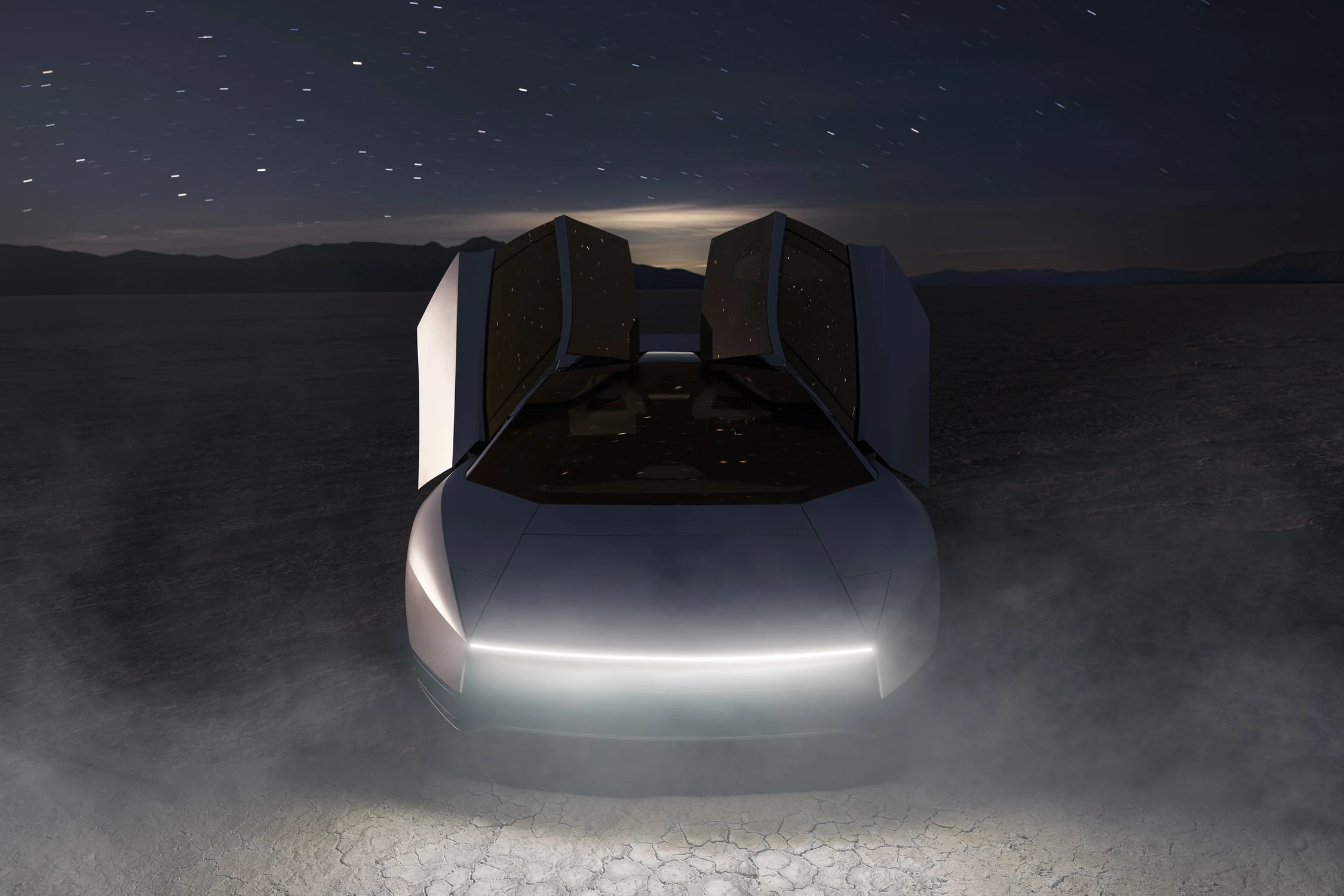 Nuevo Tesla Roadster blanco visto de frente, de noche en un salar, con las dos puertas abiertas hacia arriba