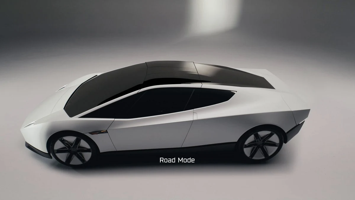 Nuevo Tesla Roadster blanco visto de perfil desde arriba, en el modo de calle