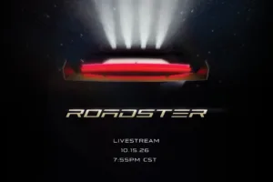Imagen promocional del Tesla Roadster con la fecha de la transmisión: 15 de octubre de 2026