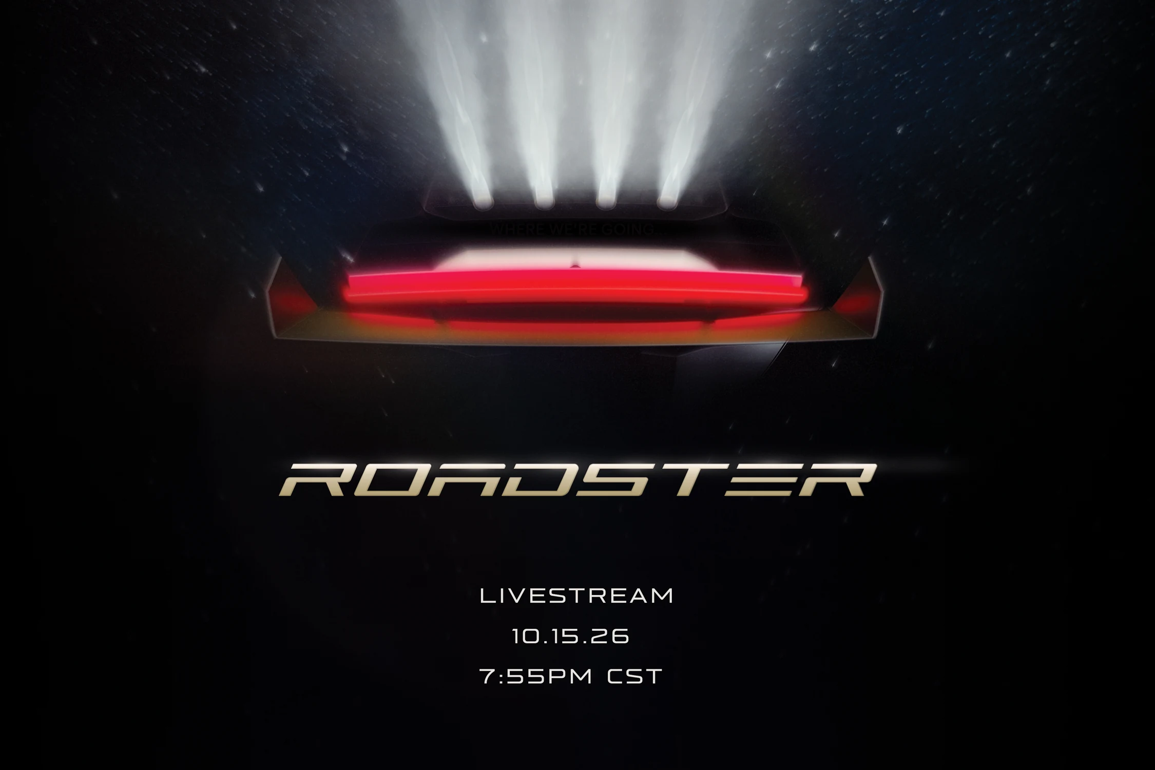 Imagen promocional del Tesla Roadster con la fecha de la transmisión: 15 de octubre de 2026