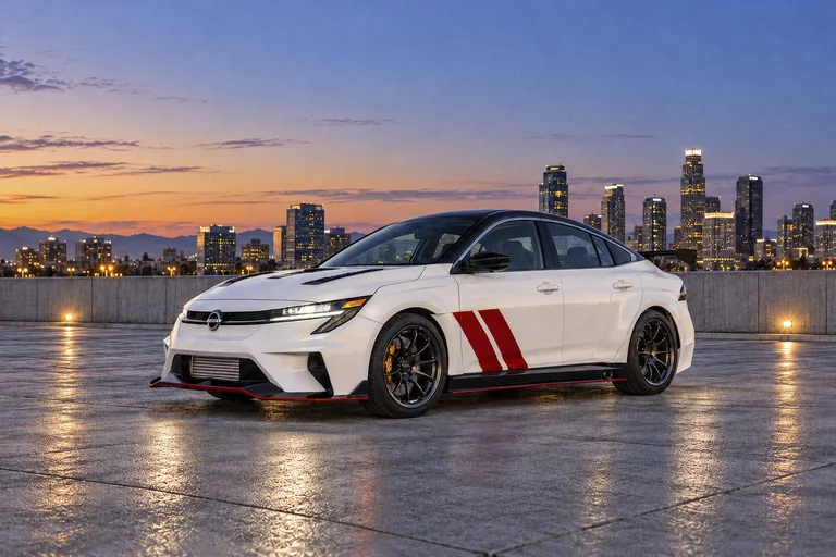 Nissan Sentra Spec-V concept de tres cuartos frontales al atardecer, con el horizonte de la ciudad de fondo