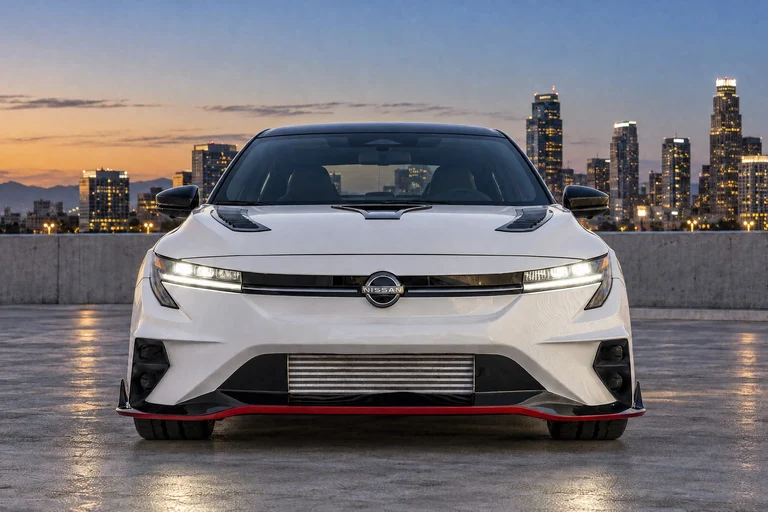 Frente del Nissan Sentra Spec-V concept con la parrilla, el intercooler y la ciudad de fondo al atardecer