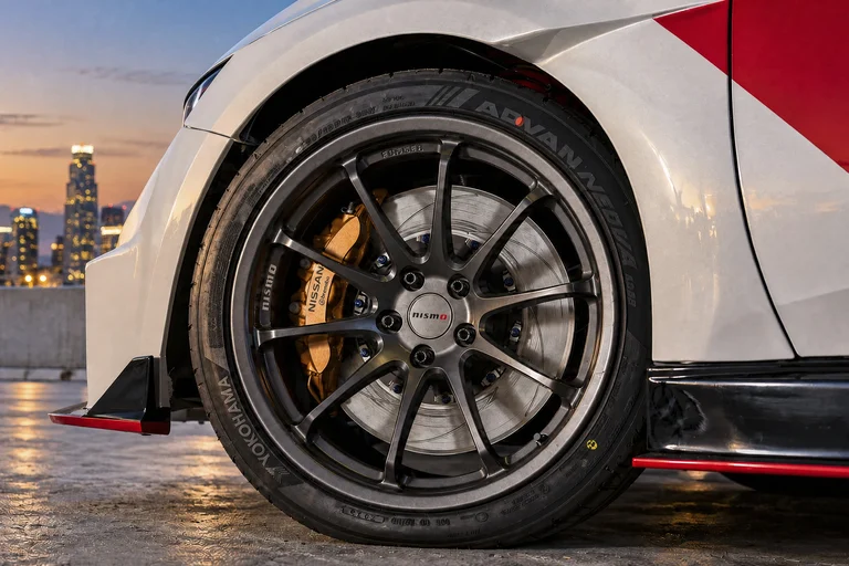 Rin forjado con el logo NISMO y pinza de freno dorada del Nissan Sentra Spec-V concept