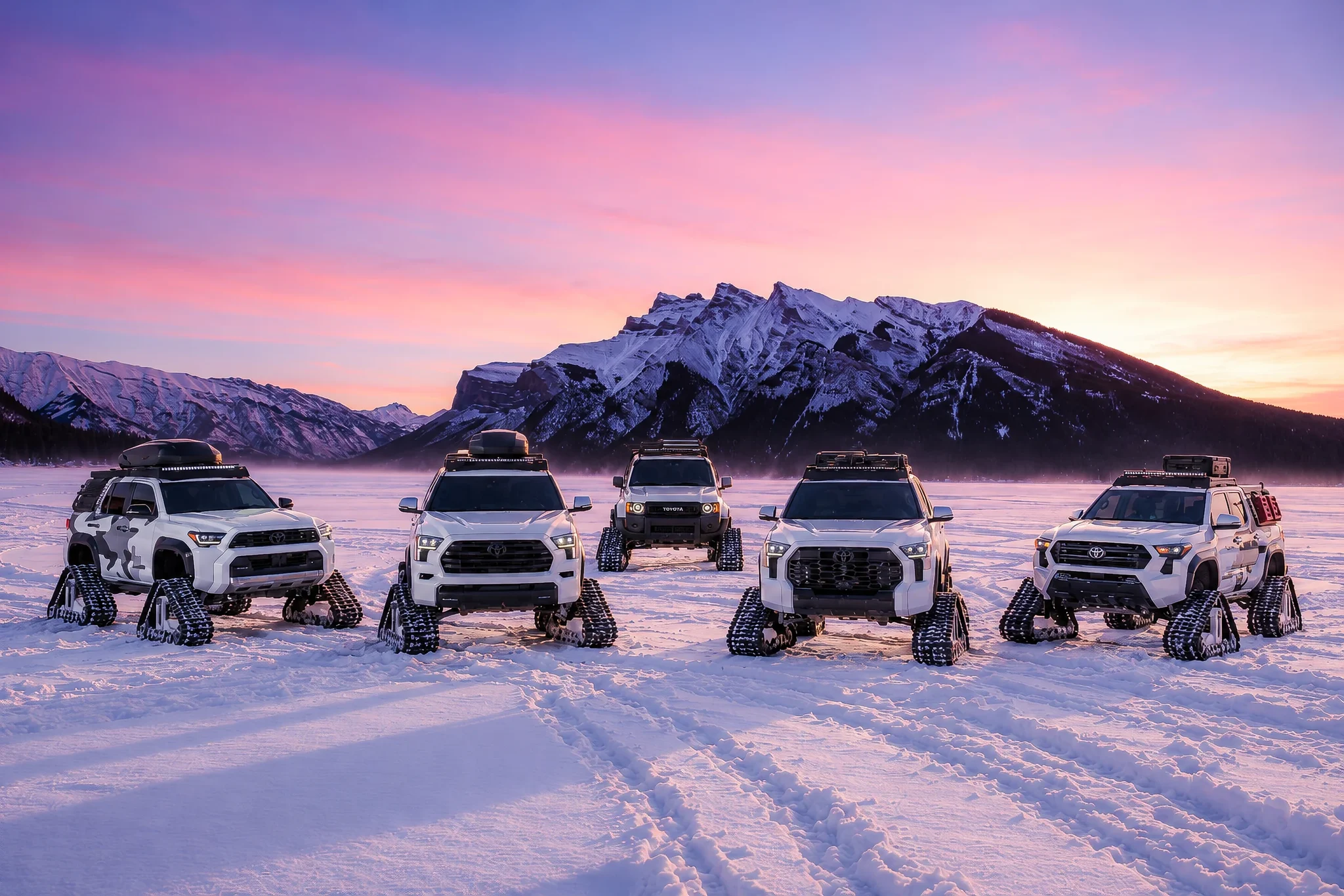 Los cinco conceptos Toyota Snowhunter sobre una llanura nevada al atardecer, con montañas al fondo