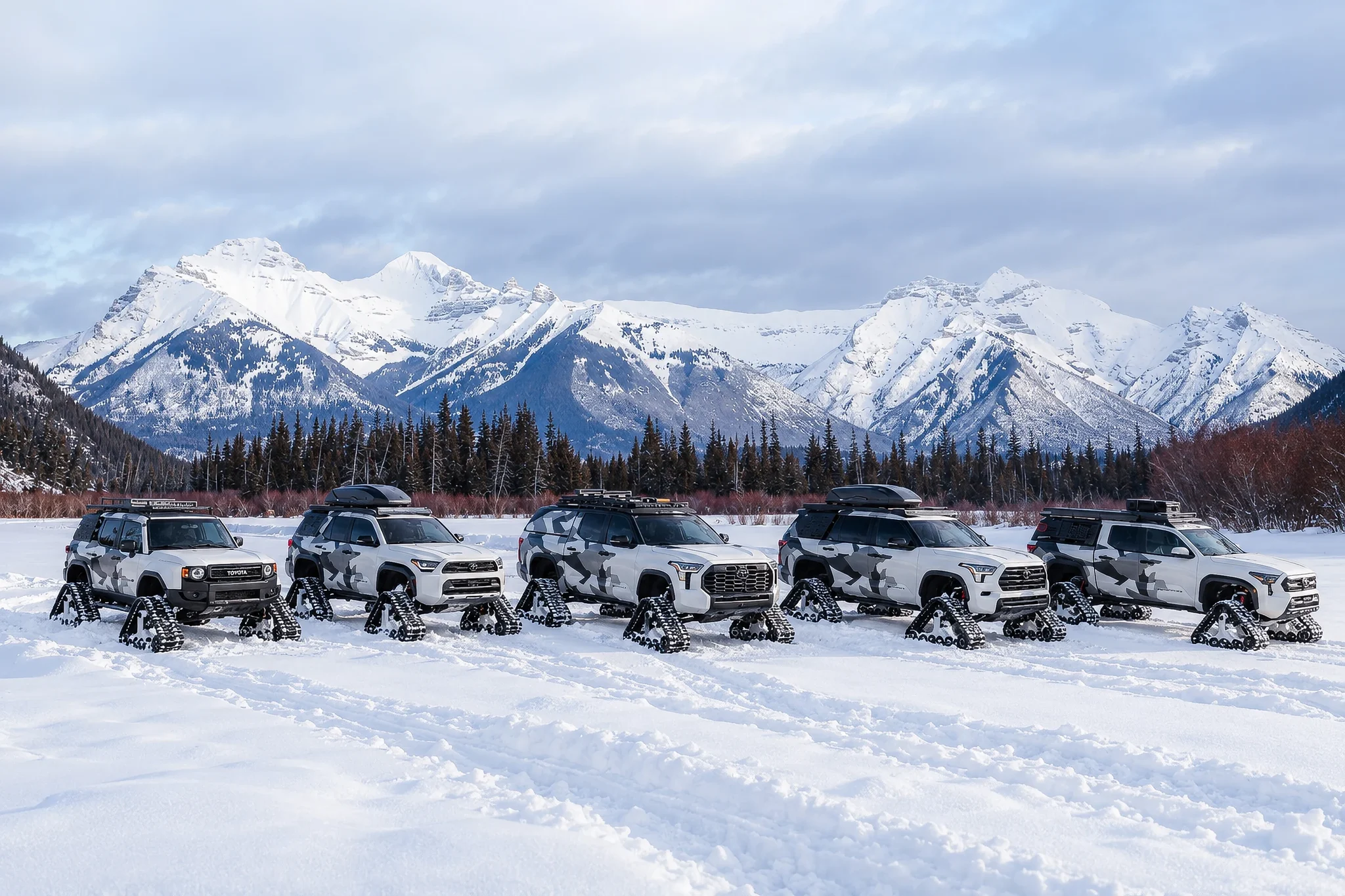 Cinco conceptos de Toyota con orugas, en fila sobre la nieve, frente a un valle con montañas nevadas