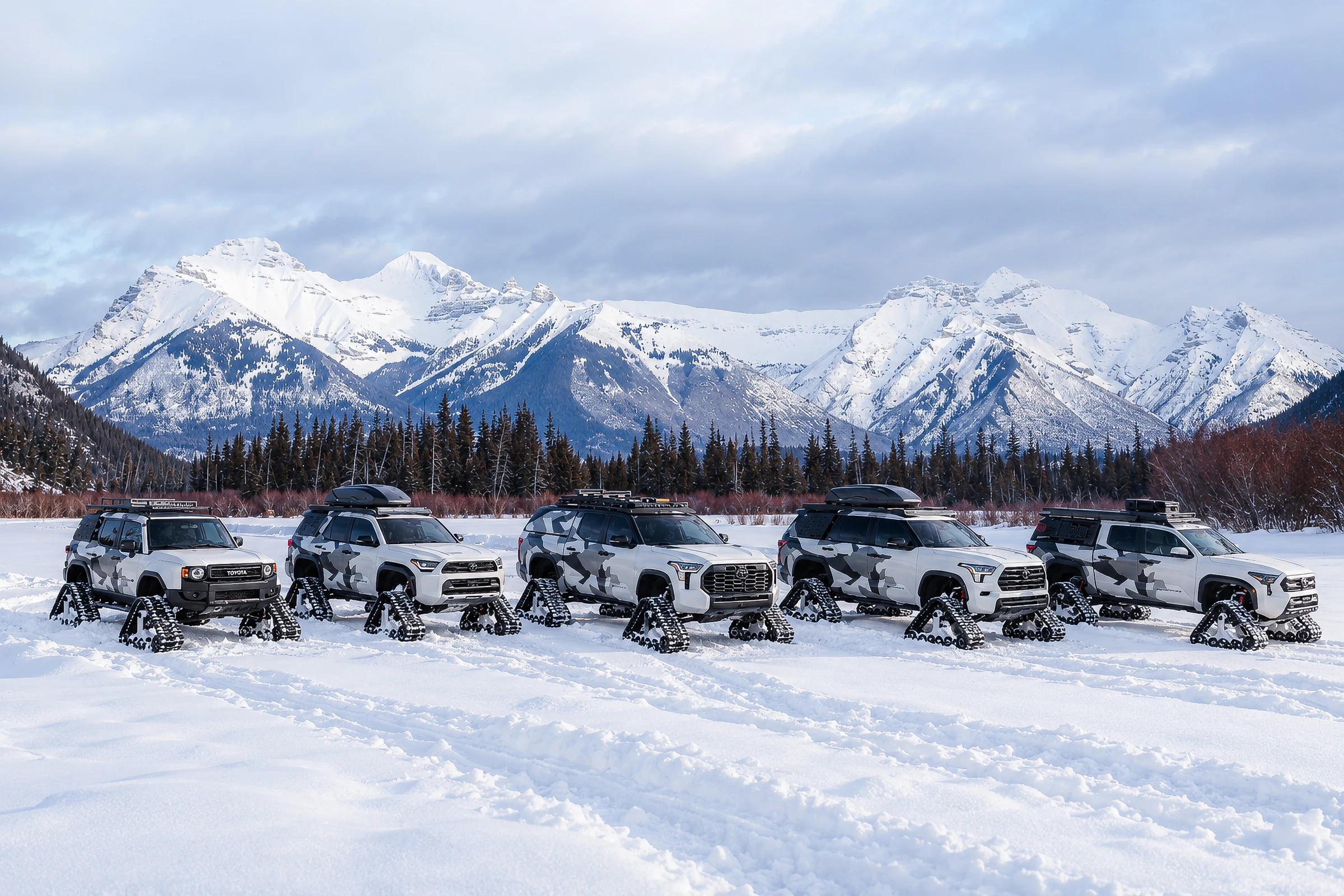 Cinco conceptos de Toyota con orugas, en fila sobre la nieve, frente a un valle con montañas nevadas
